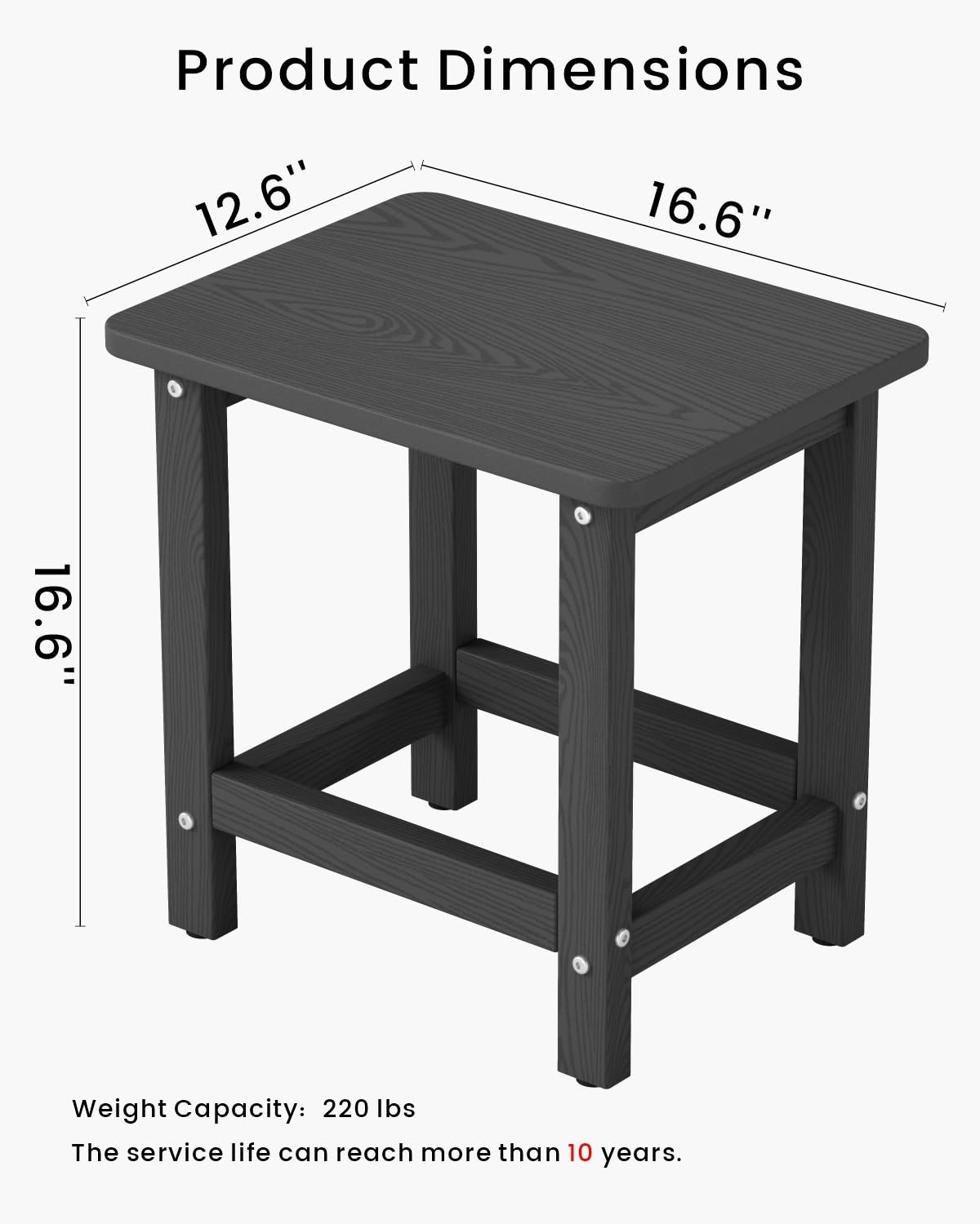 BIVODA Weatherproof Outdoor Side Table, HDPE Small Outdoor Table for Adirondack, 16.6-Inch Patio Square End Tables for Garden, Backyard, Porch, Deck, Balcony, Poolside (Black)