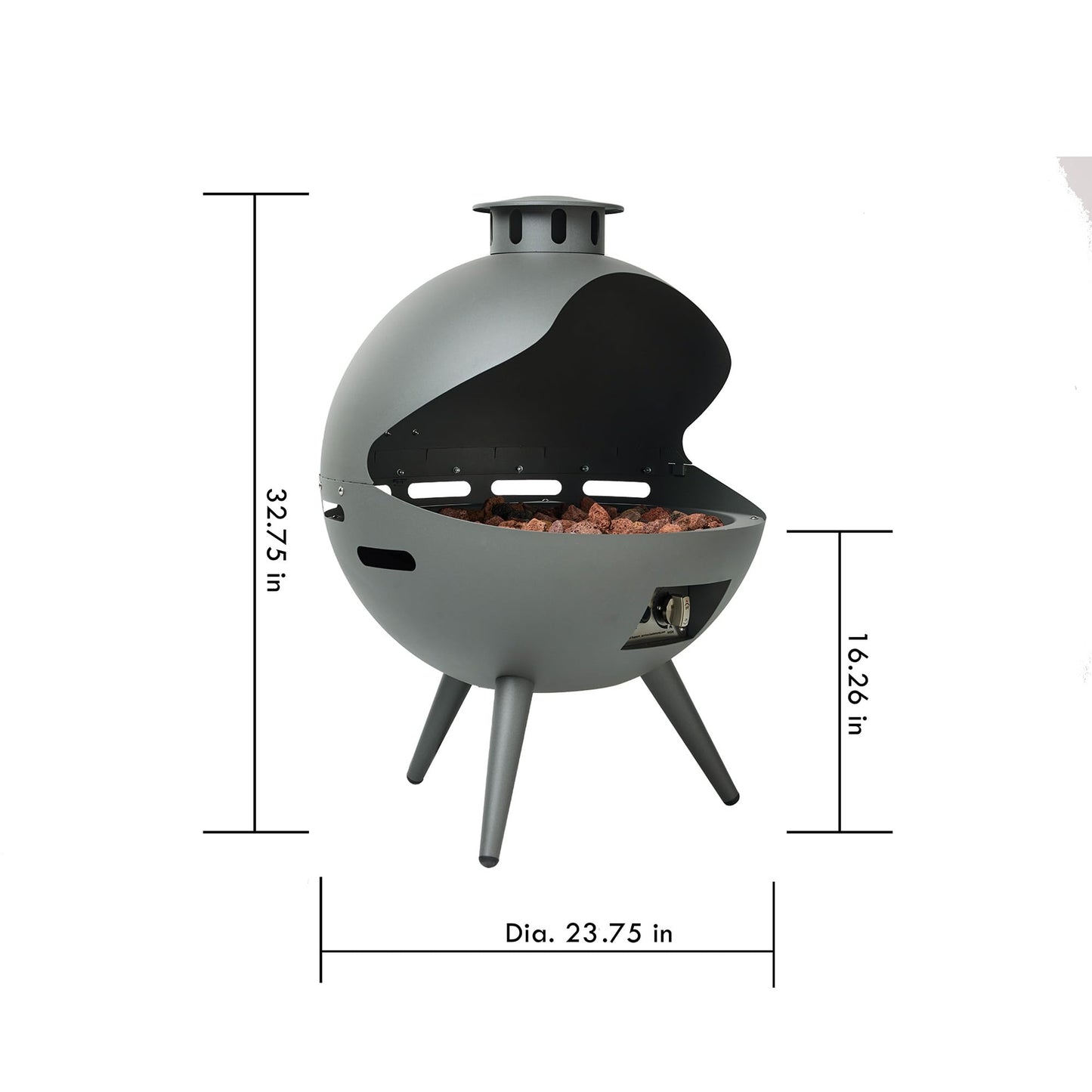 24-Inch Chimenea Outdoor Gas Fireplace, 55,000 BTU Propane Fire Pit with Lava Rocks and Rain Cover, Hemispherical 3-Legged Firepit, Gray