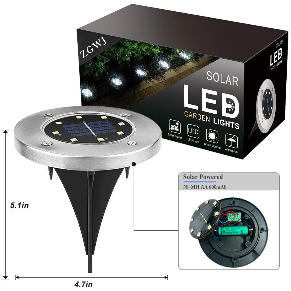 ZGWJ 8 Pack Solar Ground Lights,8 LED Upgraded Outdoor Garden Lights Landscape Lighting for Lawn Pathway Yard Deck Patio Walkway White
