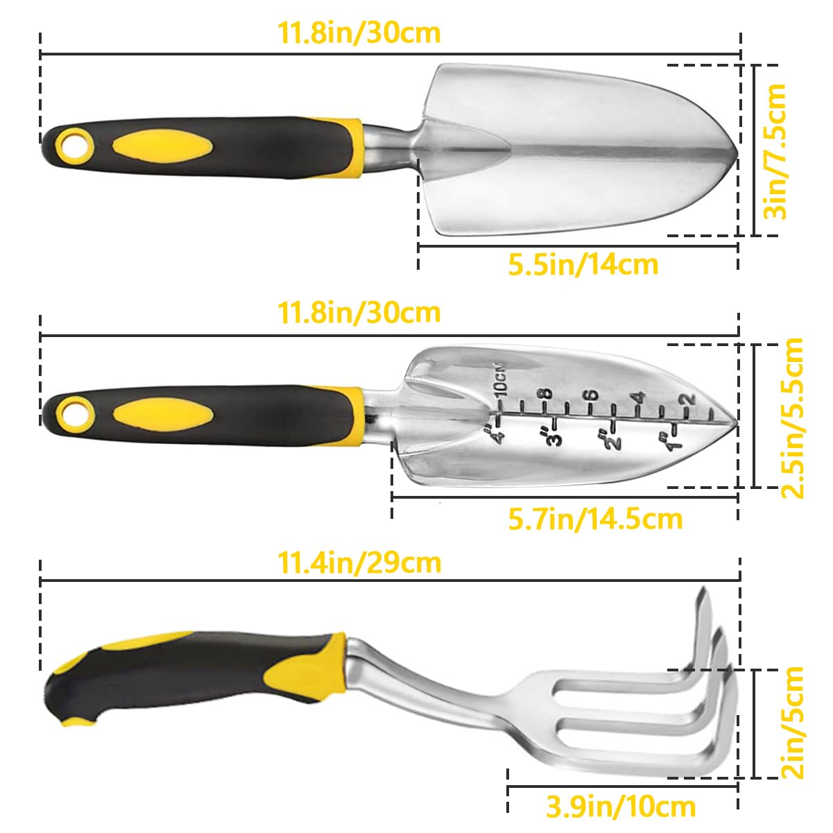 Garden Tool Set, 3 Pcs Heavy Garden Tools, Garden Shovel, Transplant Trowel and Hand Rake with Soft Rubberized Non-Slip Ergonomic Handle for Planting