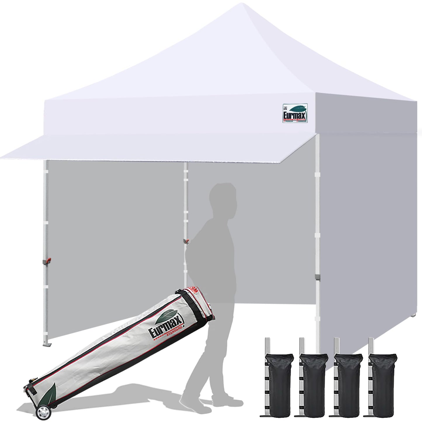 Eurmax USA 10x10 Pop Up Canopy,Commercial Tent with Patented No-Tip Rolling Bag,24sqft Extension Awning & 4 Zippered Removable Walls,UV & Water Resistant,Heavy Duty Instant Shelter Gazebo,White