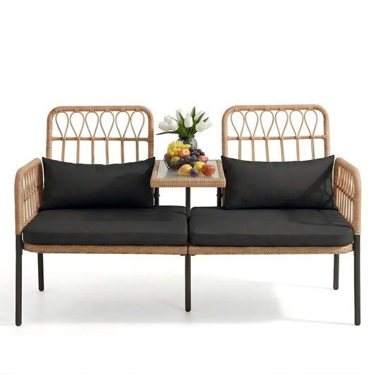 PROHIKER Outdoor Rattan Loveseat with Built-in Glass Table, 2-Seat Wicker Patio Furniture Set with Lumbar Pillows & Thick Cushions, All-Weather Conversation Sofa for Balcony, Porch & Backyard