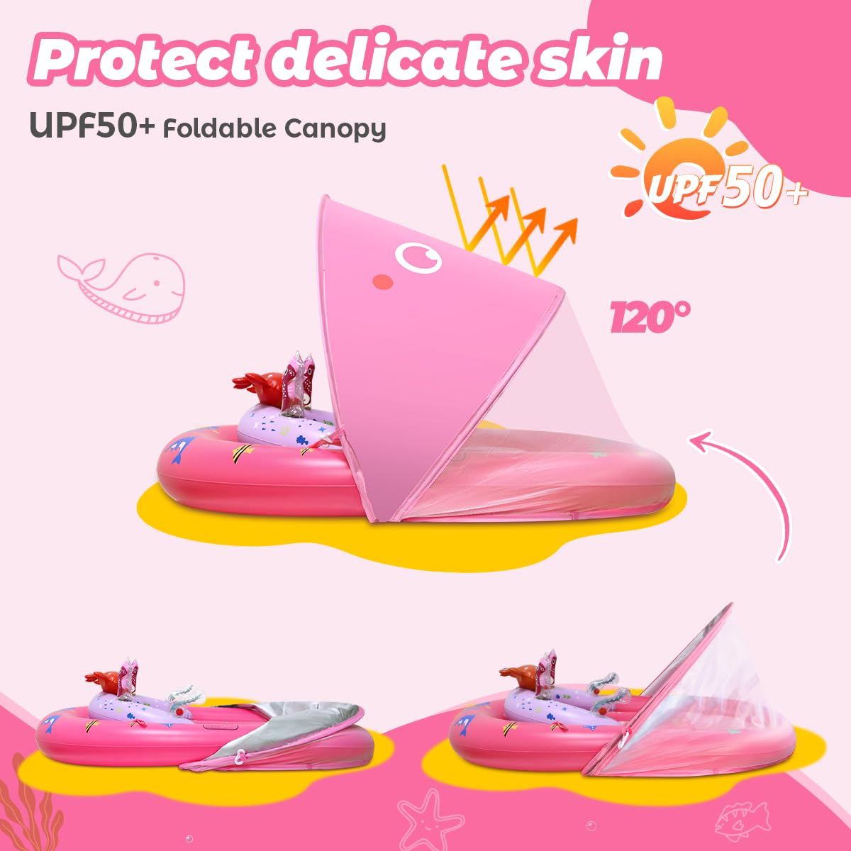 LAYCOL Baby Pool Float with Canopy UPF50+, 120°Adjustable Sun Protection and Anti-Tip Safety Seat, Inflatable Toddler Floaties Infant Pool Float with Animal Pool Toys, Baby Beach Essentials for 6-36M