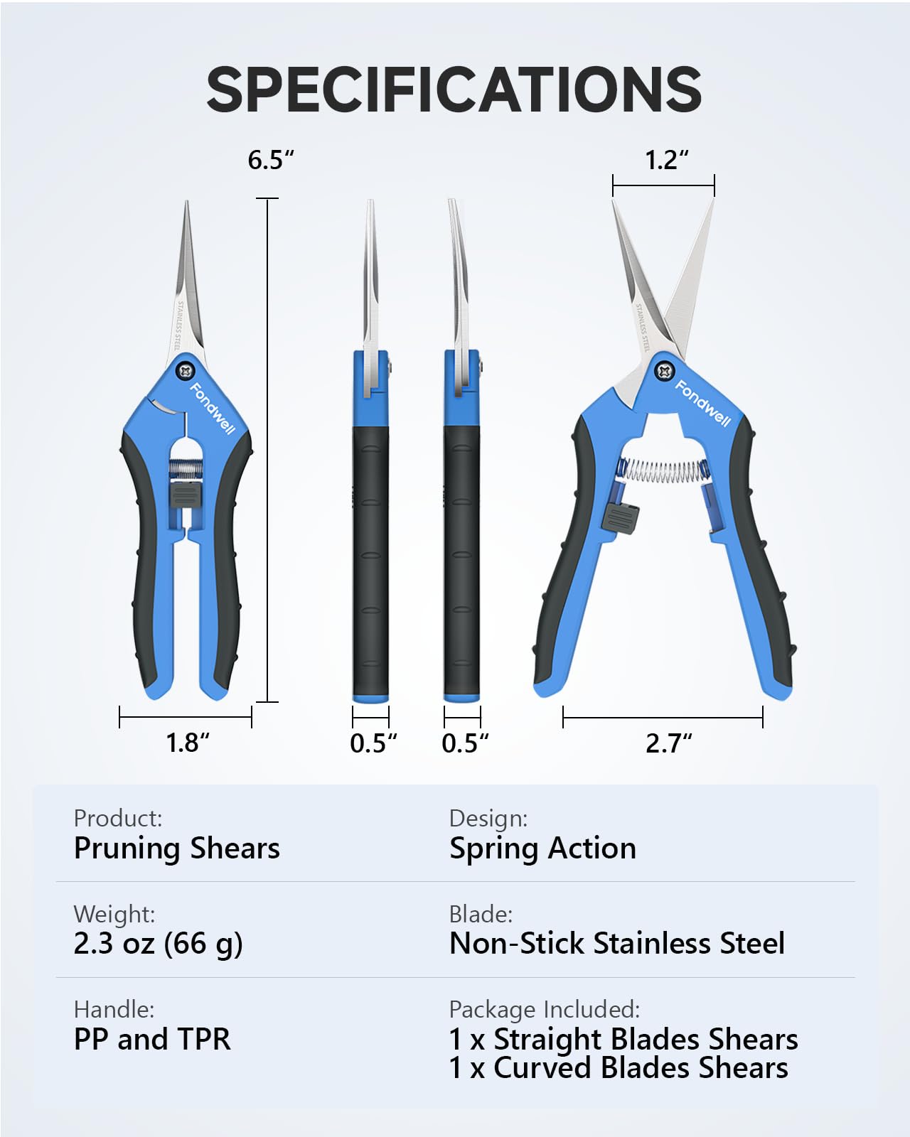 Fondwell 6.5" Pruning Shears Trimming Scissors: 2 Pack of Small Garden Snips with Micro Tip - Plant Clippers of High Cutting Efficiency
