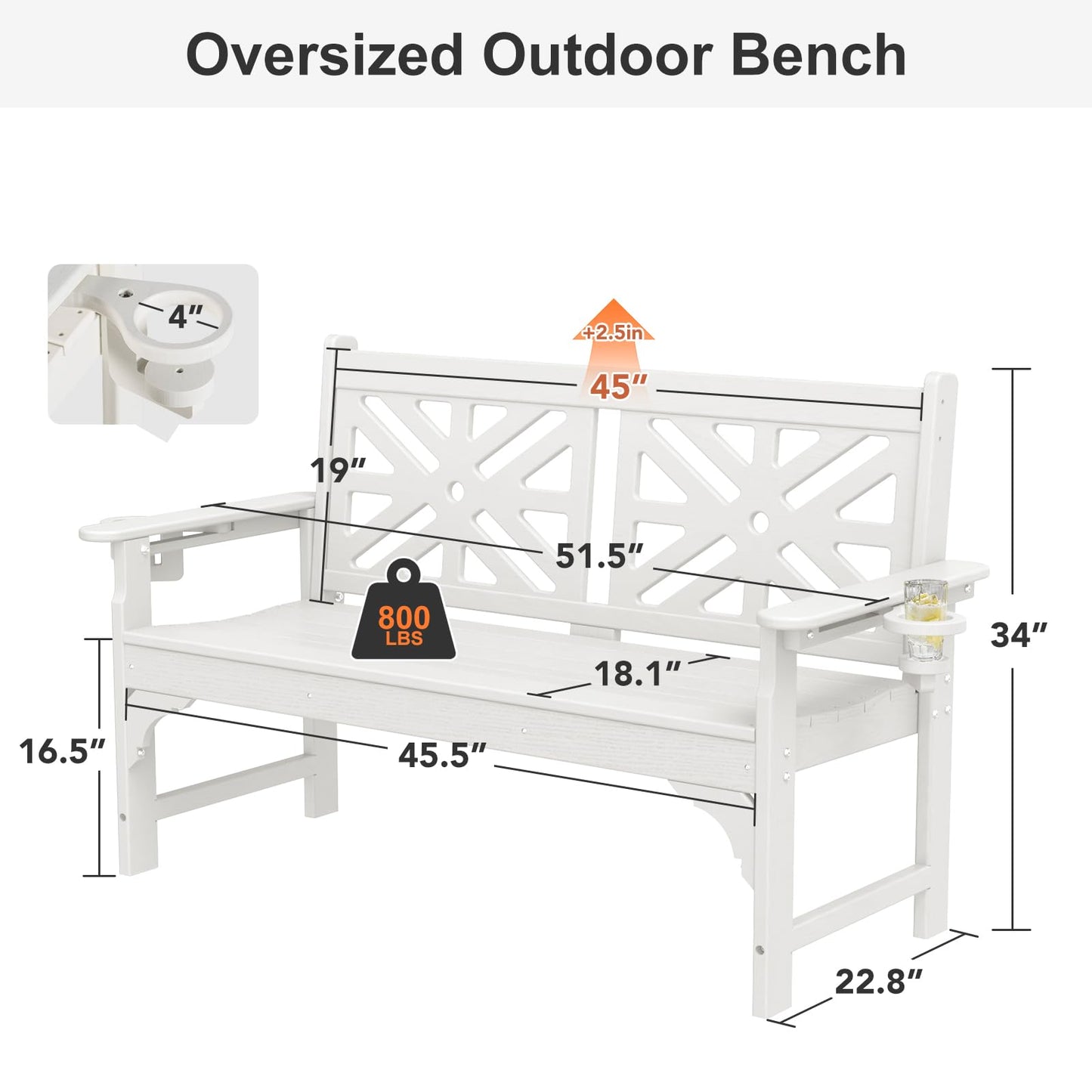 LOENIY Oversized Outdoor Bench with Cup Holders, 51.5” HDPE Aesthetic Garden Bench for 2 Person, Memorial Benches - Easy Assembly & All Weather, for Porch & Patio, 800lbs Load Capacity (White, 1pc)