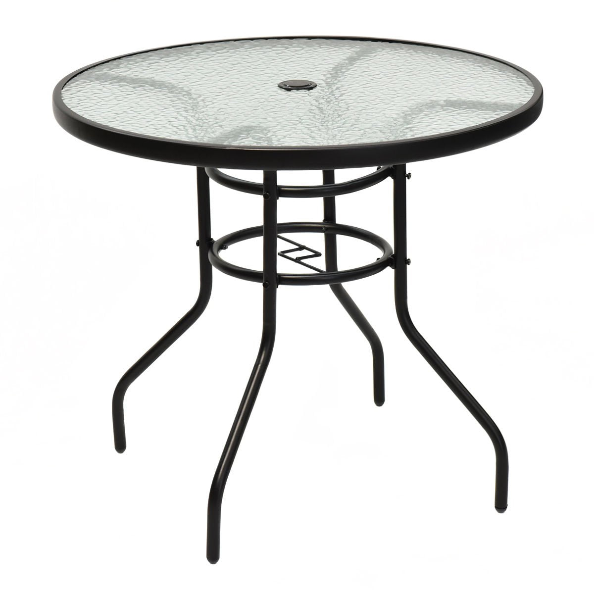 Tangkula 32" Round Outdoor Table with Tempered Glass Top, Patio Dining Table with Umbrella Hole & Metal Frame, Outside Bistro Table for Backyard, Lawn, Deck & Poolside