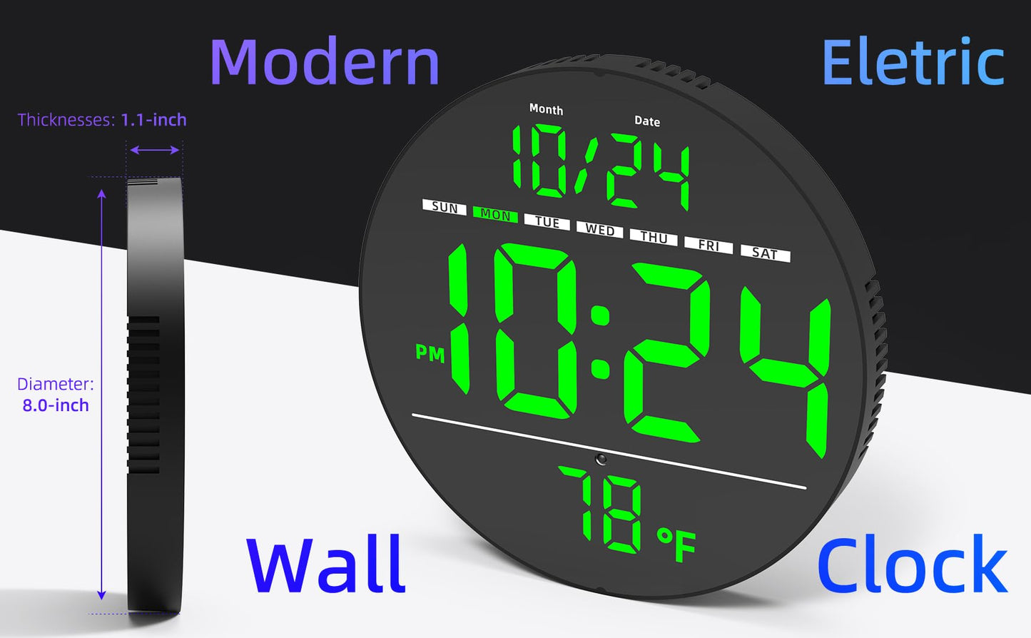 Digital Wall Clock with Large LED Display, Date, Temperature, Auto-Brightness | Small [PLUG-IN] Clock | Modern Electric Wall Clock for Bedroom, Classroom, Living Room, Home, Office, Farmhouse – Green