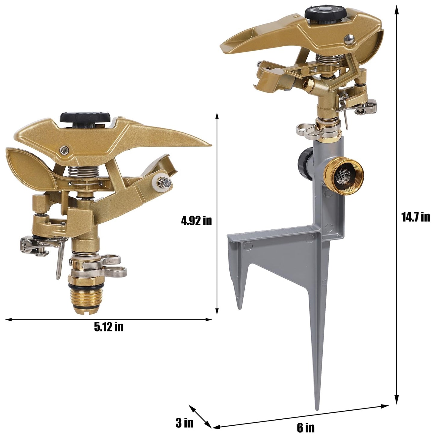 Biswing 2 Pack Impact Sprinklers on Metal Step Spike, Heavy Duty Zinc Alloy Lawn Sprinkler Head on Spike Base, Adjustable 360 Degree Watering Sprinkler for Large Area Grass Garden Irrigation