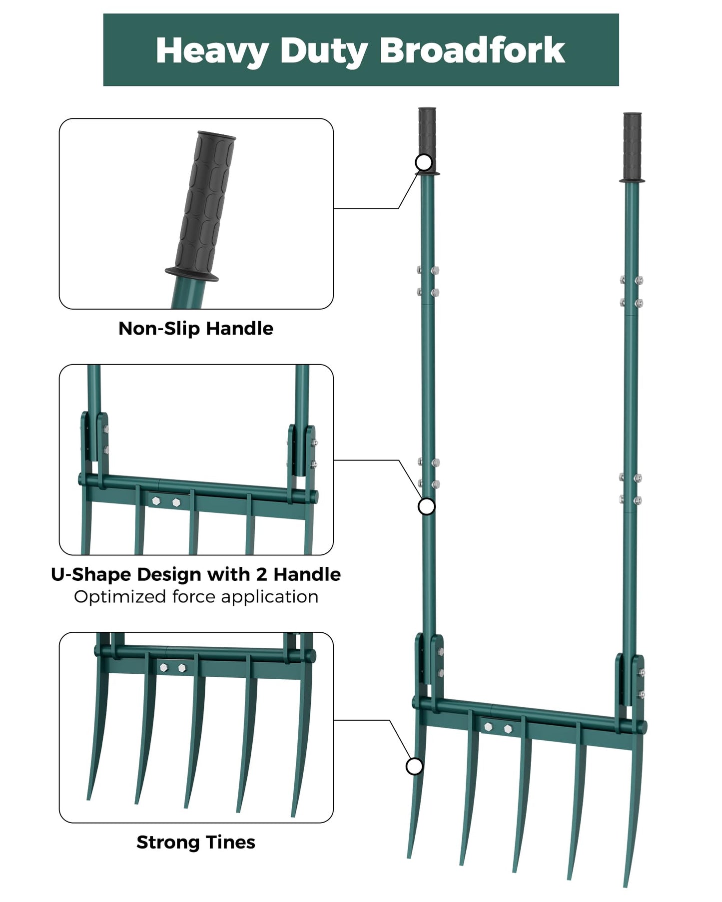 Forvenora Heavy Duty Broadfork Garden Tool, 5-Tine Manual Soil Tiller for Deep Digging & Turning Soil, 54" Long Broad Fork for Farm and Home Garden