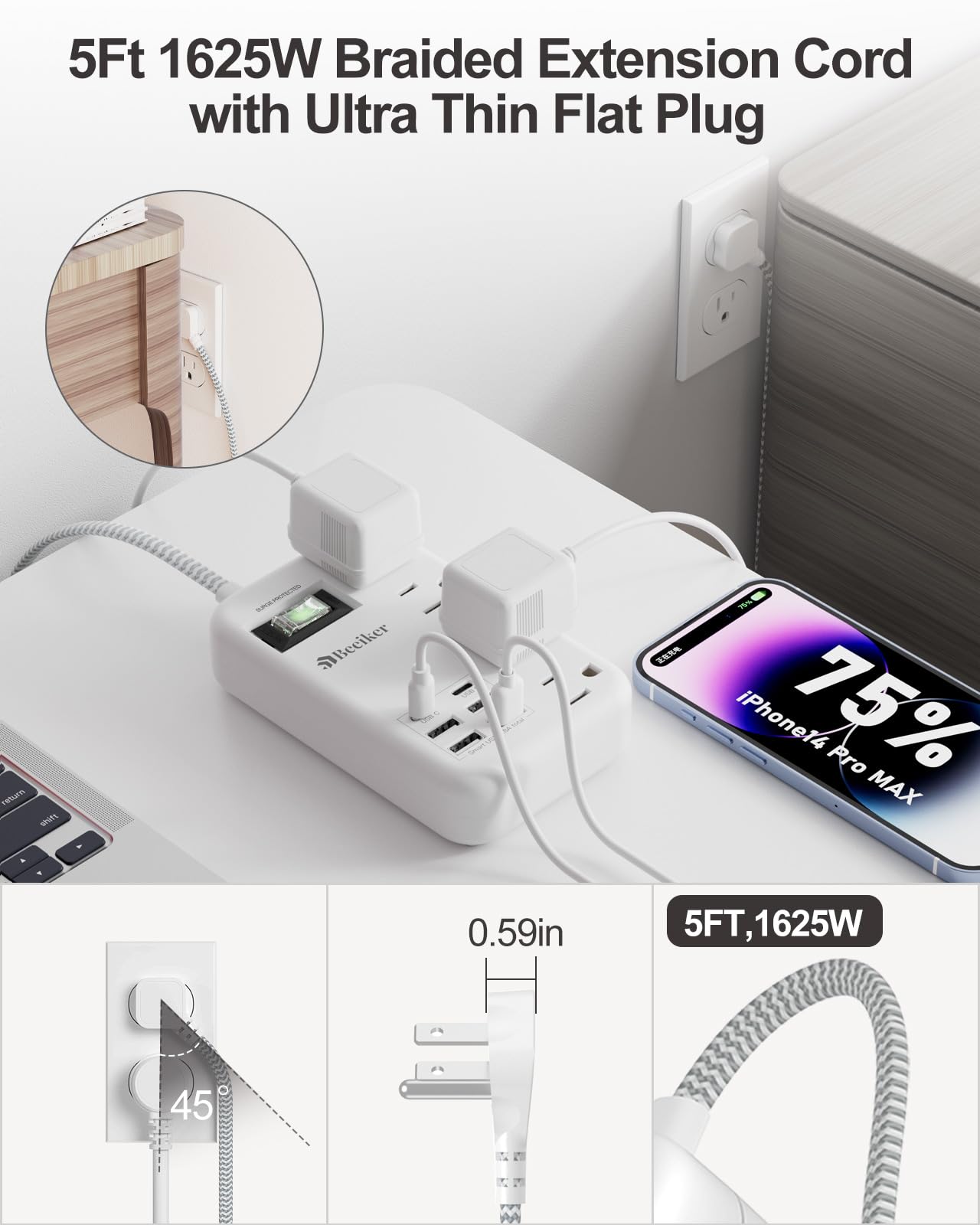 6 USB(2 USB C) Surge Protector Power Strip- 5Ft Travel Power Strip with 4.8A USB Charging Station and 4 Extendable Outlet, 13A Flat Plug Braided Extension Cord with Wall Mount for Travel Office Dorm