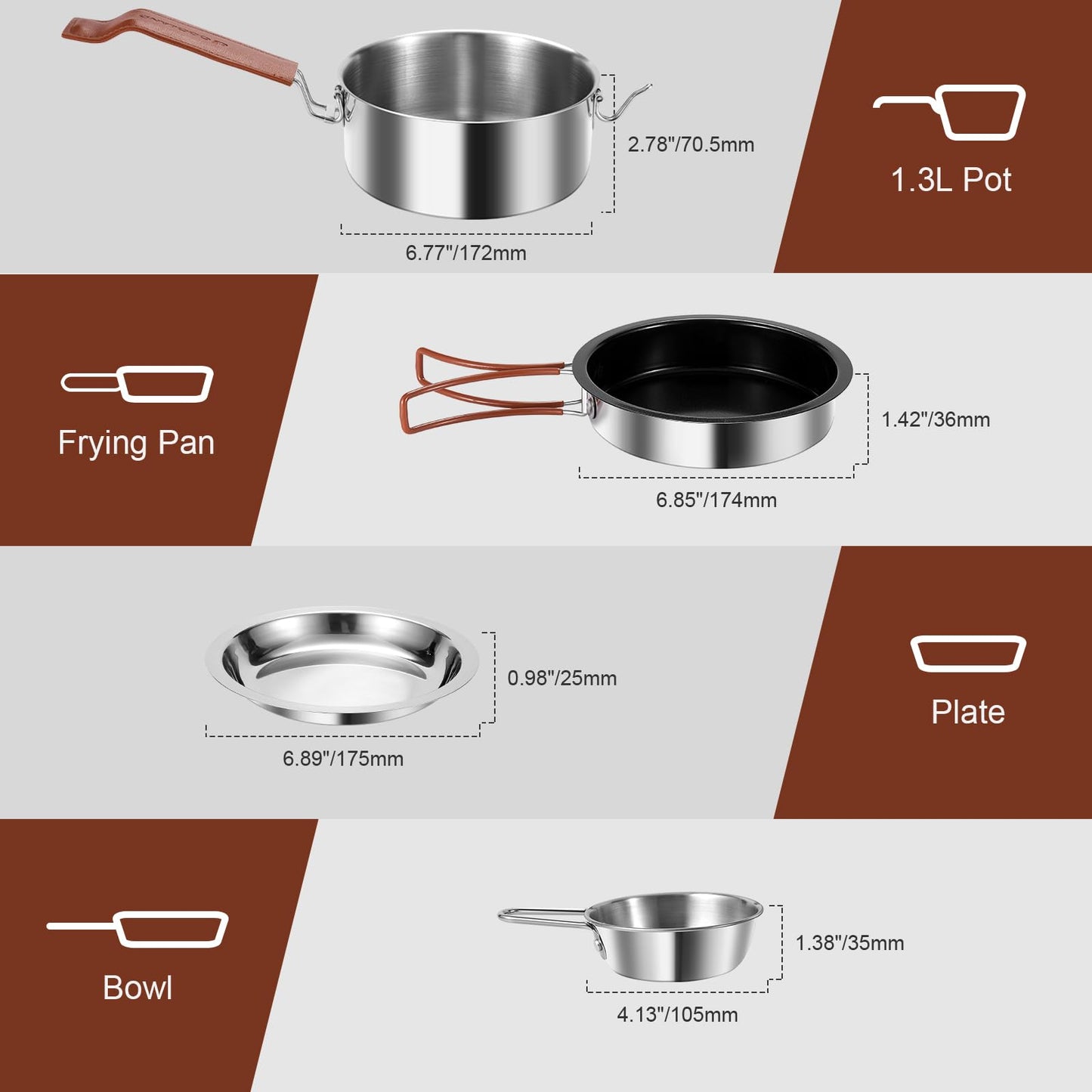 Odoland 10pcs Camping Cookware Stainless Steel Camping Pot and Pan Set with Plate Bowl Fork Knife Spoon for Backpacking, Hiking, Outdoor Cooking and Picnic