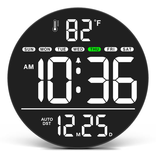 WallarGe Large Digital Wall Clock with LED Display, Electric Wall Clock with Temperature, Auto DST, Date, and Day, 5-Level Brightness for Office, Bedroom, Living Room, Classroom Décor