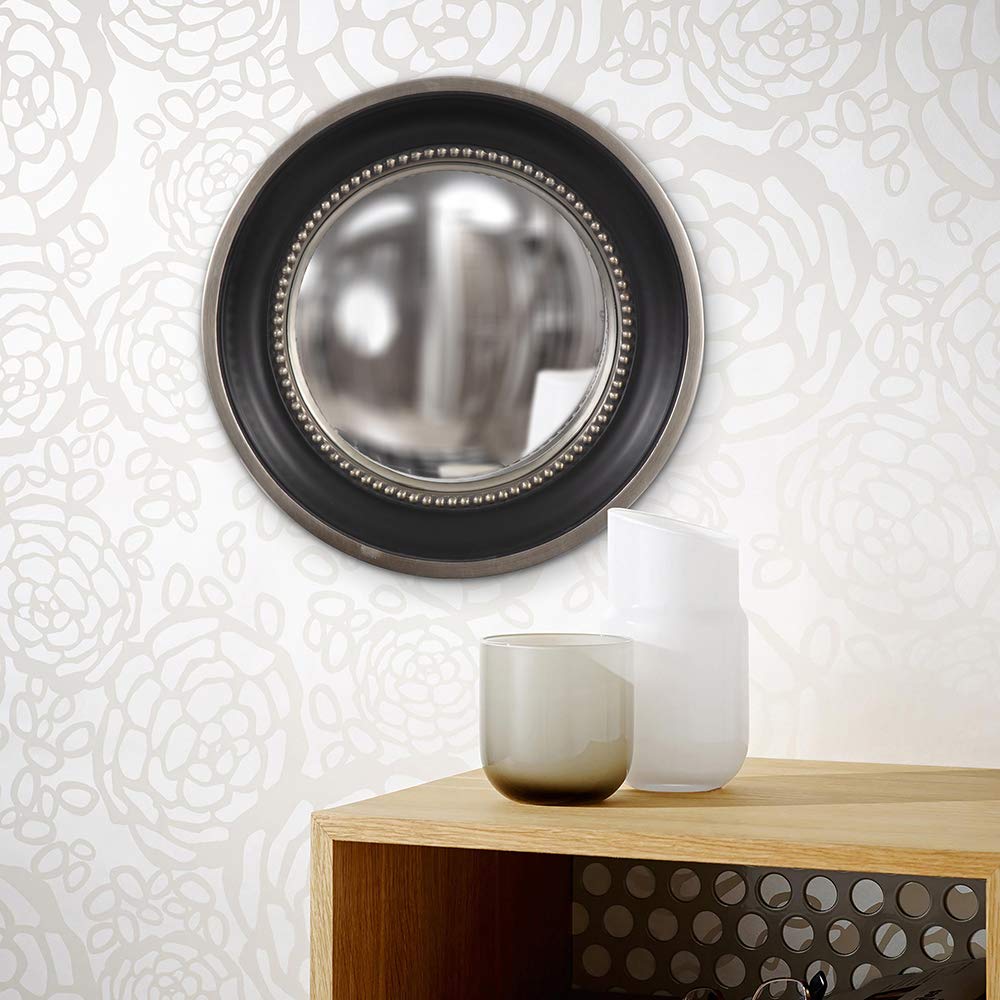 Howard Elliott Collection Patterson Convex Round Hanging Accent Wall Mirror, Matte Black and Silver Leaf, for Bedroom Entrway or Any Room, 16 Inch