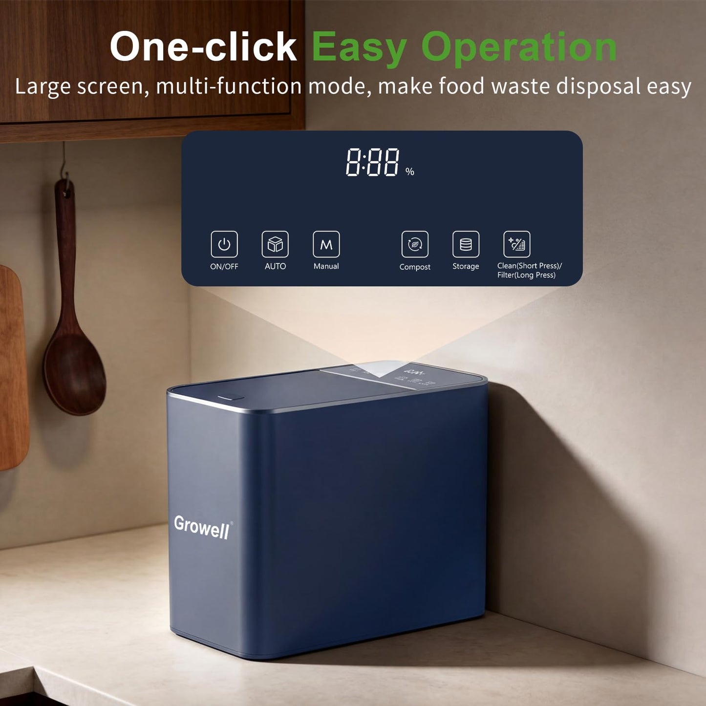 Growell Electric Composter for Kitchen, 3.2L Smart Countertop Compost Bin, Low Noise, Odorless, Indoor Food Waste Composter with LED Display, Auto-Cleaning, Turn Food Waste into Fertilizer,EC04