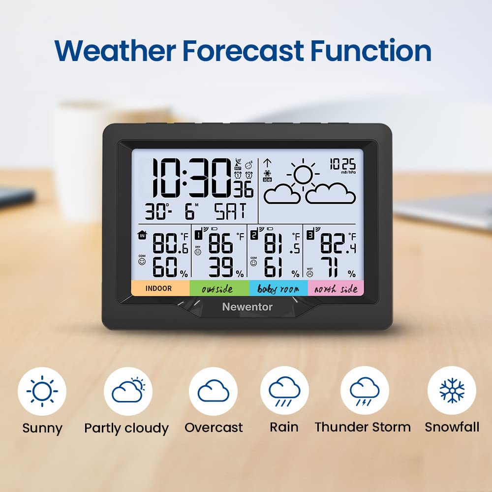 Newentor Weather Station Wireless Indoor Outdoor Multiple Sensors, Digital Atomic Clock Weather Thermometer, Temperature and Humidity Monitor, Forecast Weather Station with Backlight, Black