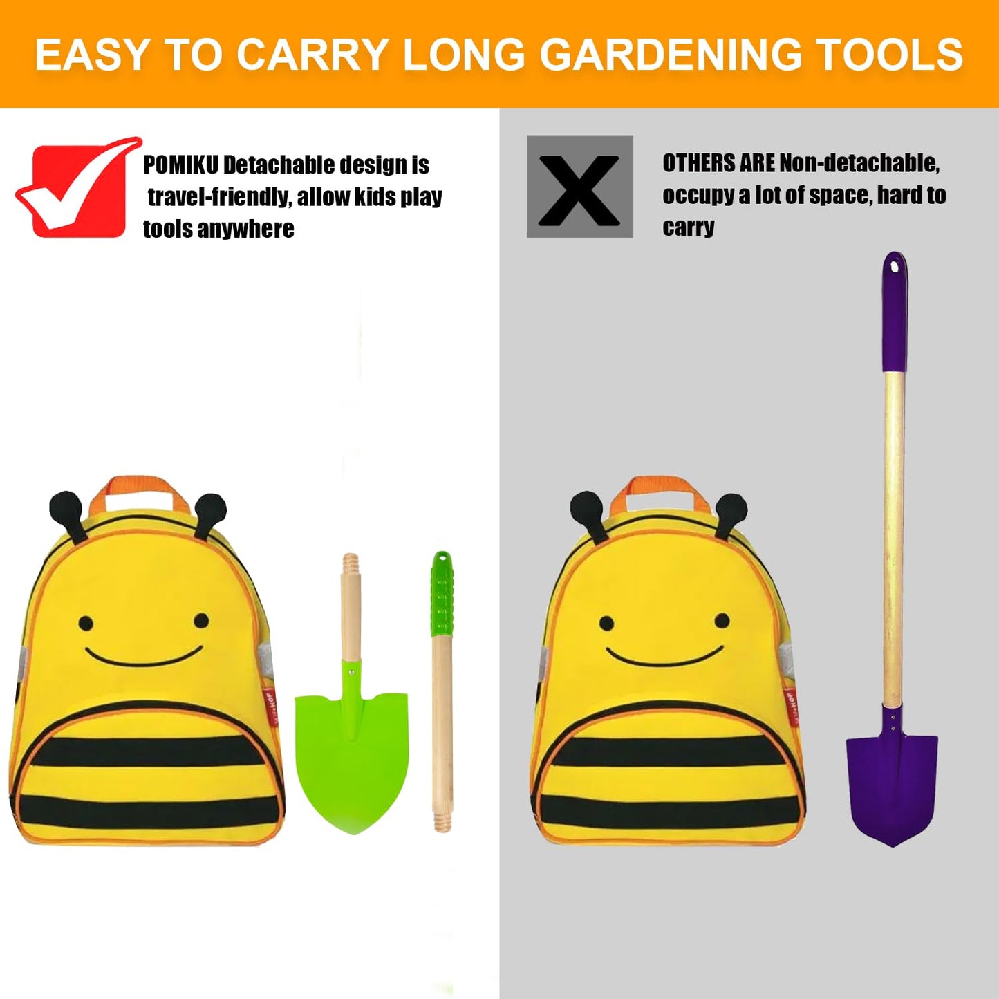 POMIKU Kids Shovel, Rake for Leaves, Spade, Hoe and Broom, 5Pcs Kids Garden Tools, Gardening Yard Outdoor Toy Gifts for Boys Girls Age 3 4 5 6 7 8 Years Old
