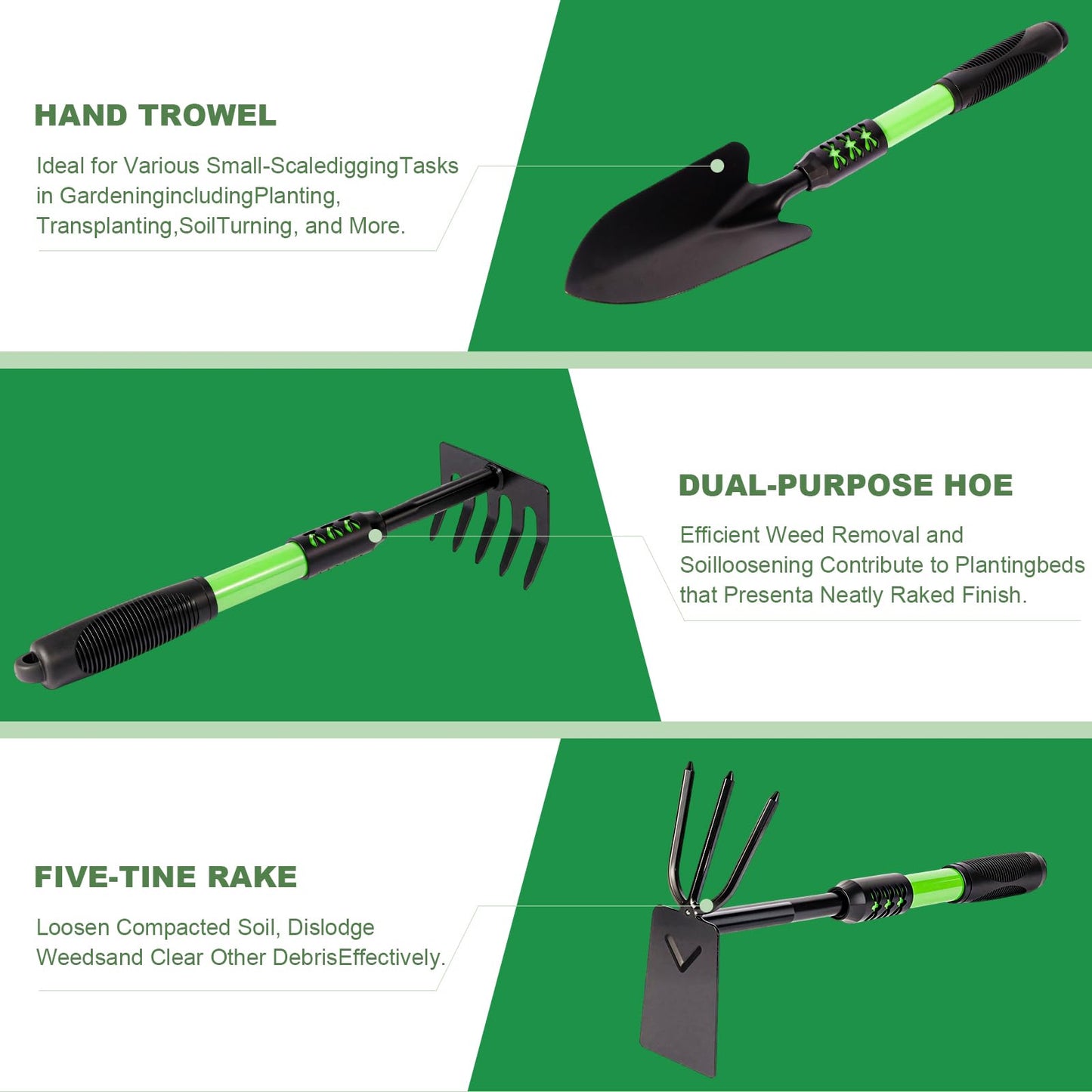 Zenrok Garden Tool Set, 3 Pack Lightweight Heavy Gardening Kit Including Hand Shovel, Transplant Shovel and Hand Rake with Soft Rubber Non-Slip Handle, for Planting Weeding Digging, Green ﻿