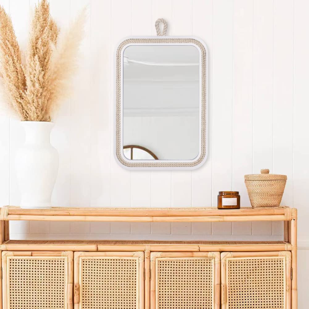 Nautical Rope Mirror Rectangle Wooden 22''Lx16''W White Decorative Mirror Farmhouse Hanging for Bathroom,Livingroom,Entryway-Beachy Coastal Wall Mirror Decor
