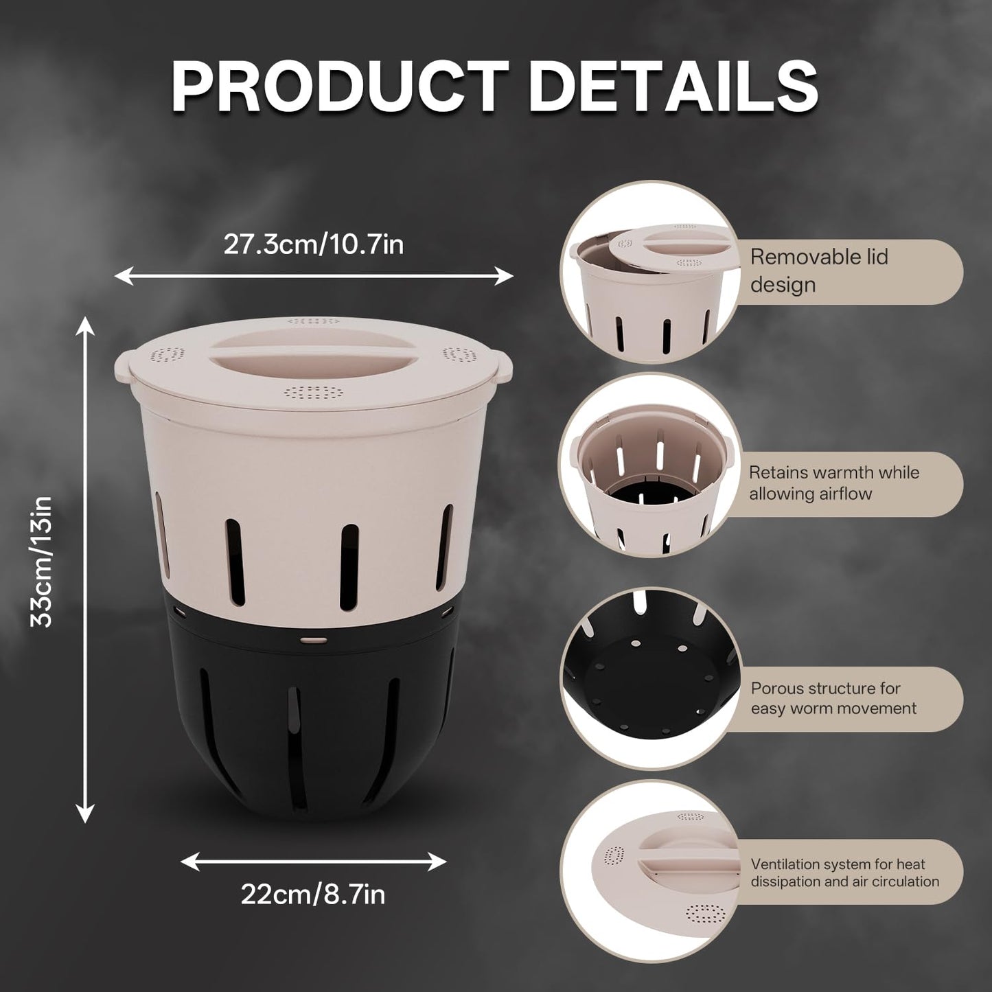 Inground Worm Composter, Outdoor Underground Worm Farm 3.3 Gallons, Garden Worm Compost Bin from Kitchen Food Waste, Black+Gray (10.7x10.7x13Inch)