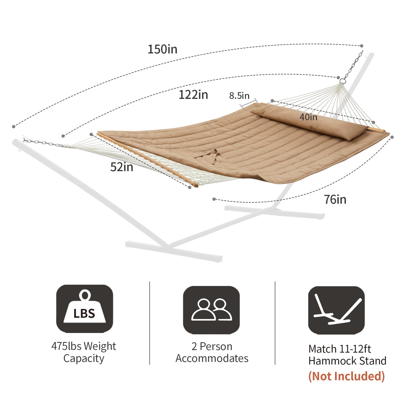 CHULIM Outdoor Double Hammock with Hardwood Spreader Bars, Large Rope Hammock with Polyester Pad and Pillow, 475 LBS Capacity for 2 Person Patio Backyard Poolside - Tan
