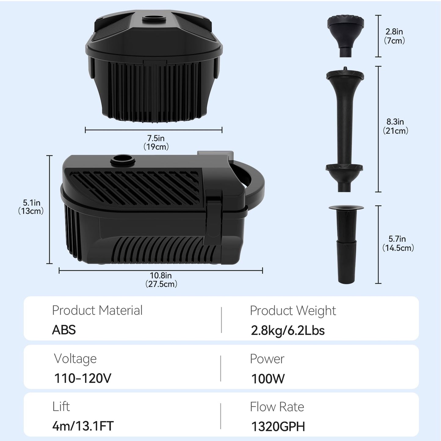 KioGro 1320GPH/100W Large Water Fountain Pump, Pond Pump Fountain Kits for Outdoor, Pond Equipment with 3 Nozzle Options, Adjustable Water Flow, IPX8 waterproof, Black