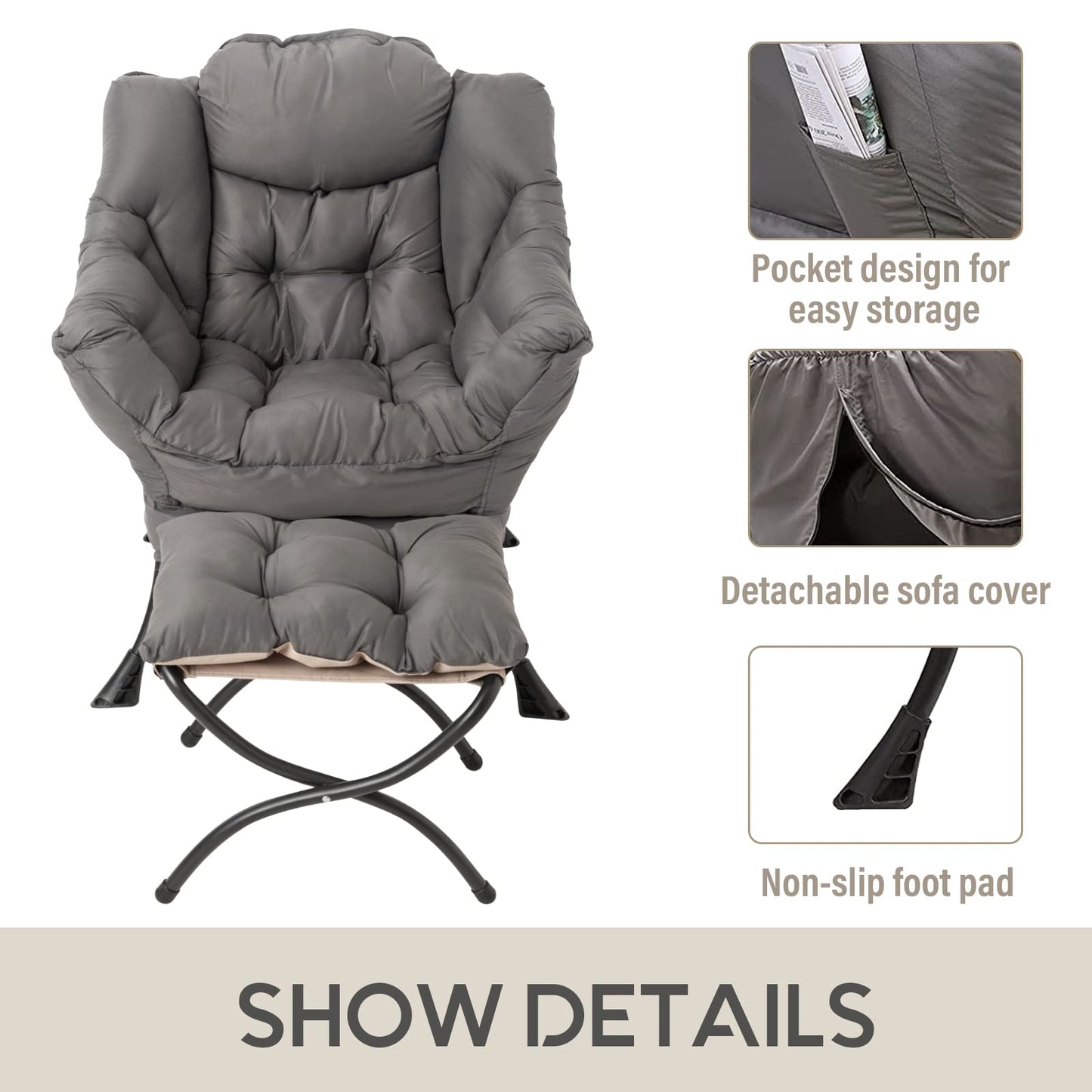 LITA Lazy Chair with Ottoman, Modern Accent Leisure Upholstered Lazy Sofa Armchair, Contemporary Lounge Reading Chair with Armrests and a Side Pocket for Living Room, Bedroom & Small Space, Dark Grey