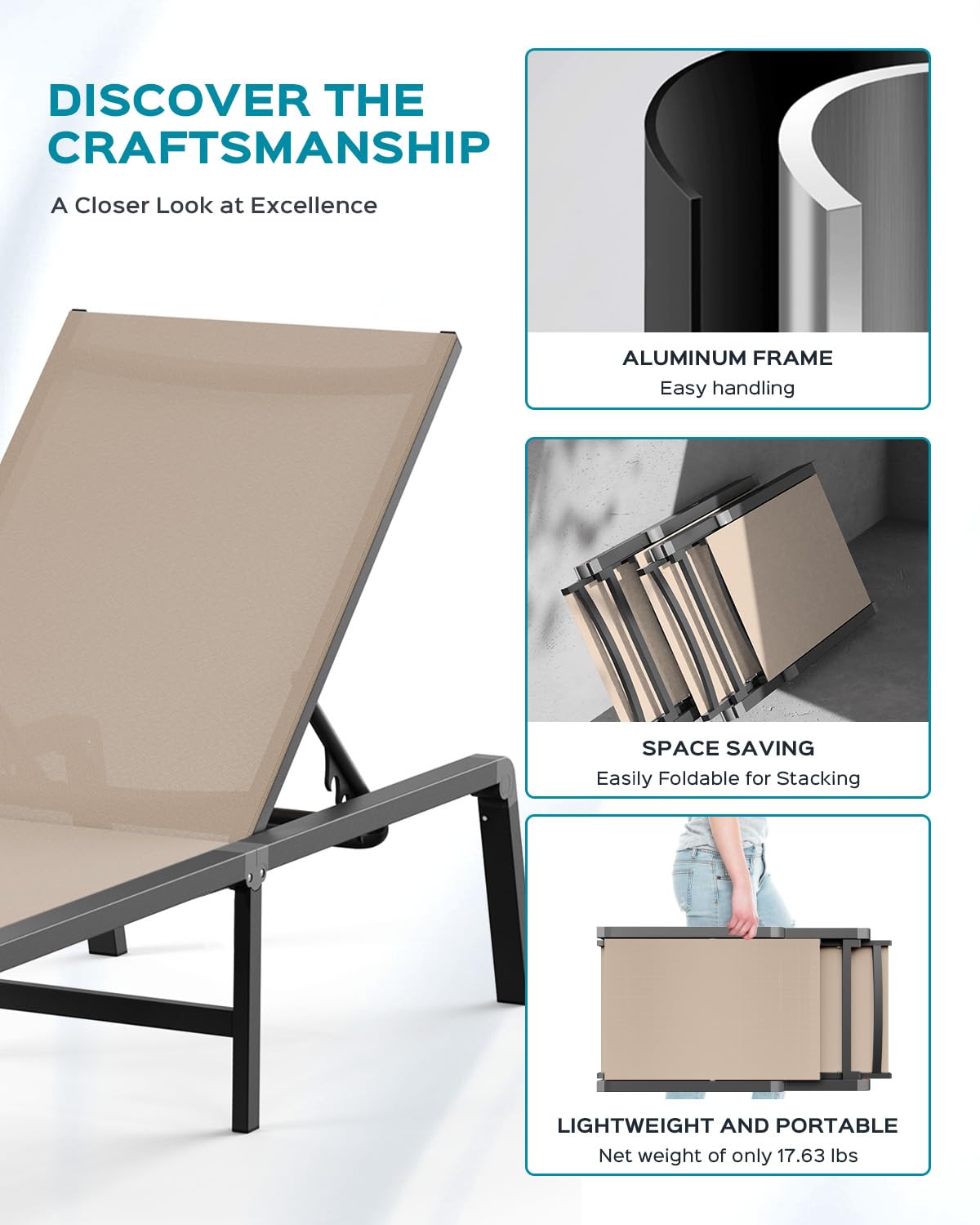 Aluminum Chaise Lounge Ourdoor - Foldable & Assemble Free Outdoor Lounge Chair with 5 Adjustable Backrest, Patio Lounge Chair for Outside Poolside Beach Pool, Khaki