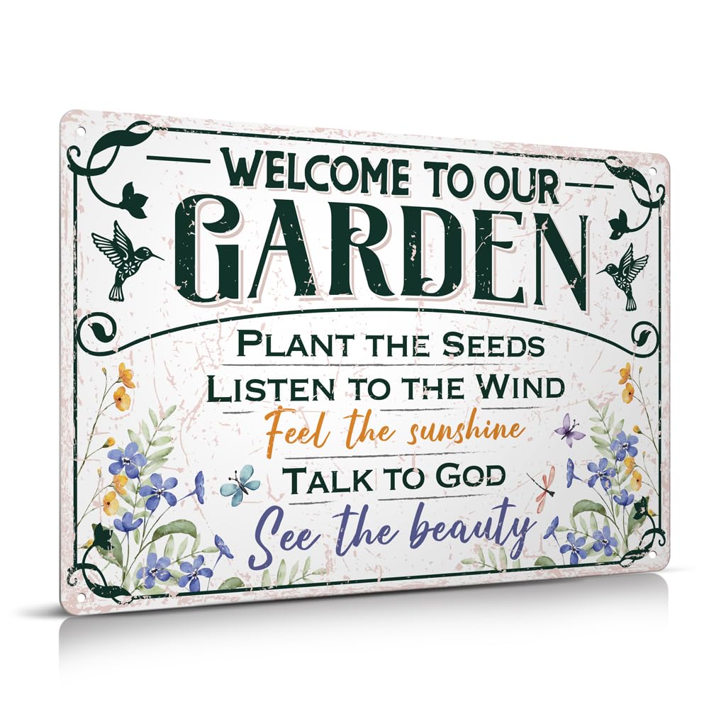 Moanlor Art Welcome To Our Garden Metal Sign 12"x8" Outside Garden Welcome Sign Gardening Gifts and Decorations for Women Gardeners Plant Lovers