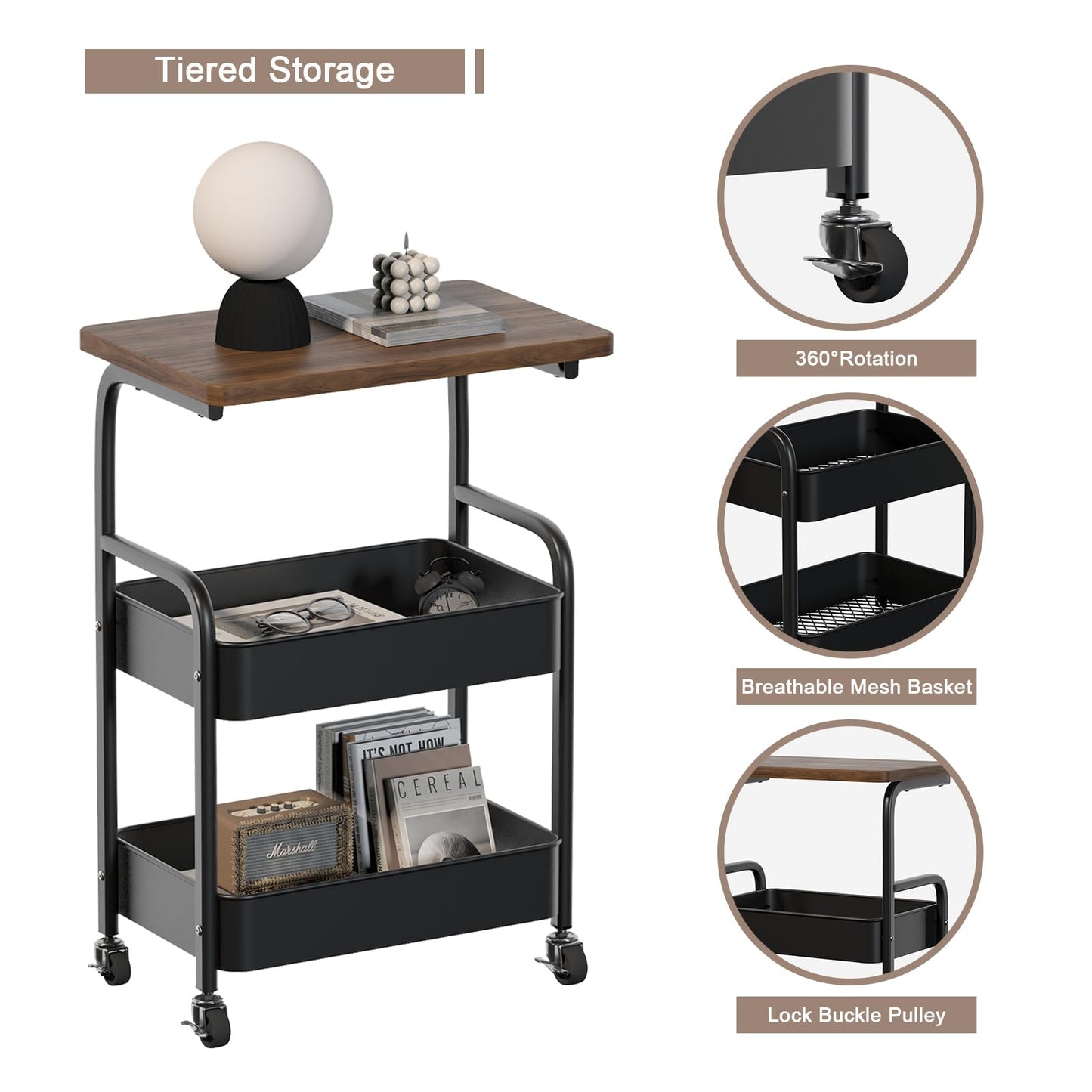 ULIKEUS Rolling Cart with Wooden Tabletop 3-Tier Metal Utility Rolling Cart Storage Organizer with Lockable Wheels for Kitchen, Office, Bedroom
