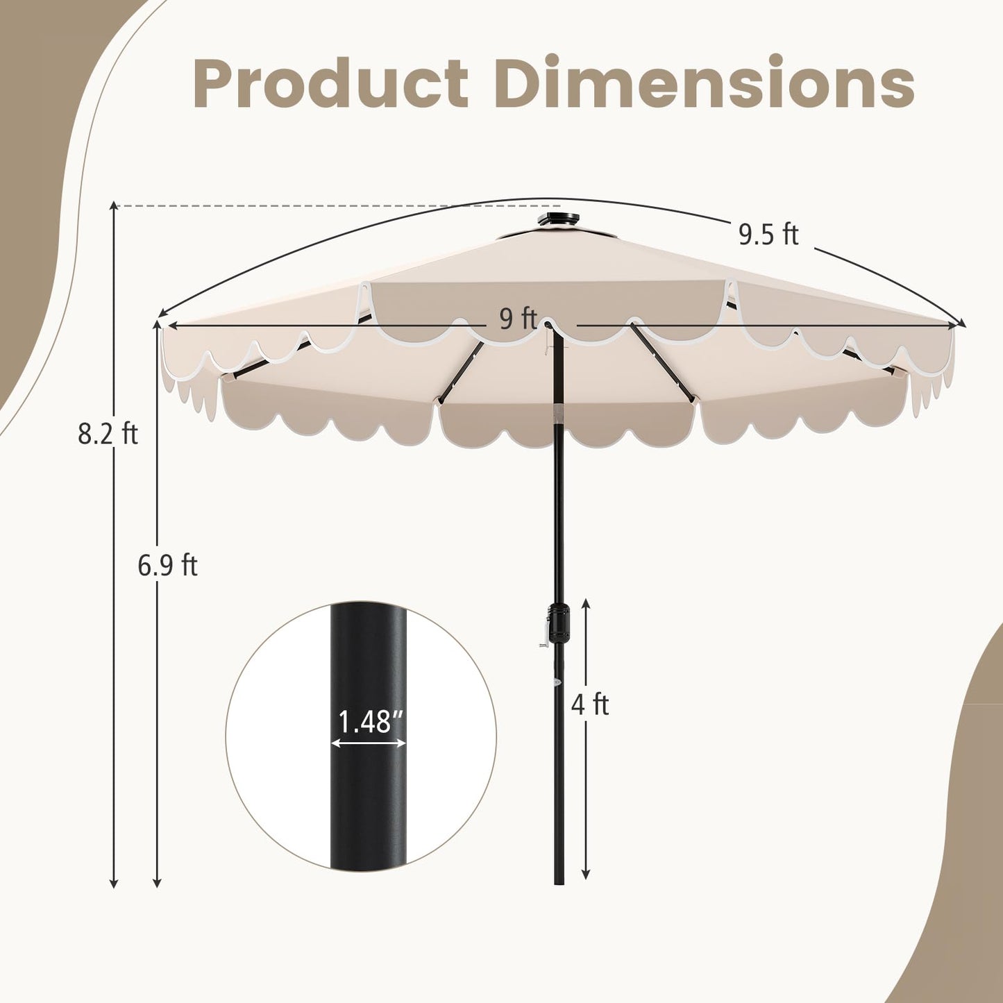 Tangkula 9 FT Solar Patio Umbrella, 2-Tiers Scalloped Outdoor Table Market Umbrella with 32 LED Lights, Vented Top, Tilt Adjustment, Crank, 8 Ribs for Backyard Poolside Deck Beach Lawn (Beige)