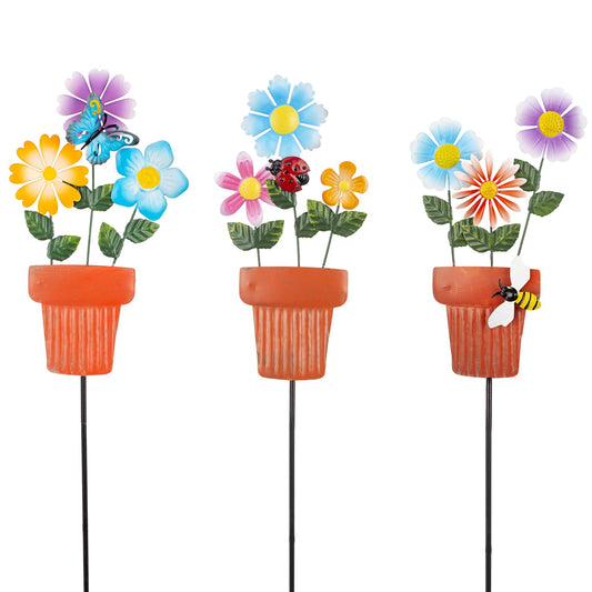 Qipade 3 Pcs Metal Flower Garden Stakes, 24" H Flower Pot Shape Decorative Garden Stakes, Metal Yard Art for Outdoor Spring Lawn Patio Pathway Decor