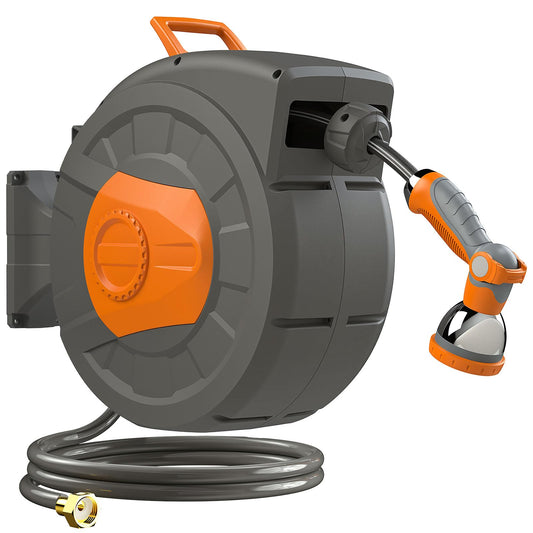 Entgard Retractable Garden Hose Reel 100 FT, 1/2" Heavy Duty Garden Hose 435 PSI Burst Pressure, Wall Mounted Water Hose Reel with 10-Pattern Nozzle, 180° Swivel, Slow Auto Rewind & Any Length Lock