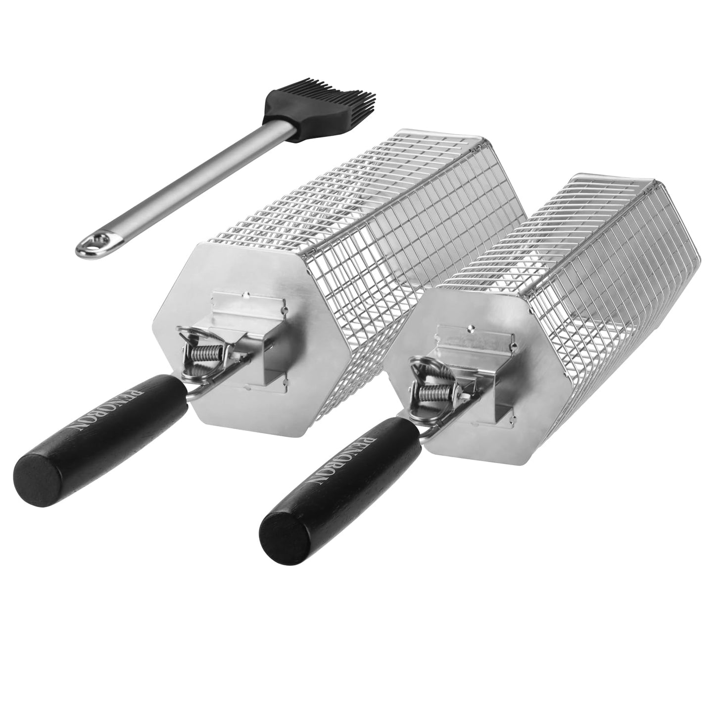 Hexagonal Rolling Grilling Basket Set, 2 PCS Stainless Steel BBQ Grill Baskets with Removable Wooden Handles, Large & Small Nestable Design for Outdoor Camping, Ideal for Vegetables, Meat & Seafood on Gas/Charcoal Grill