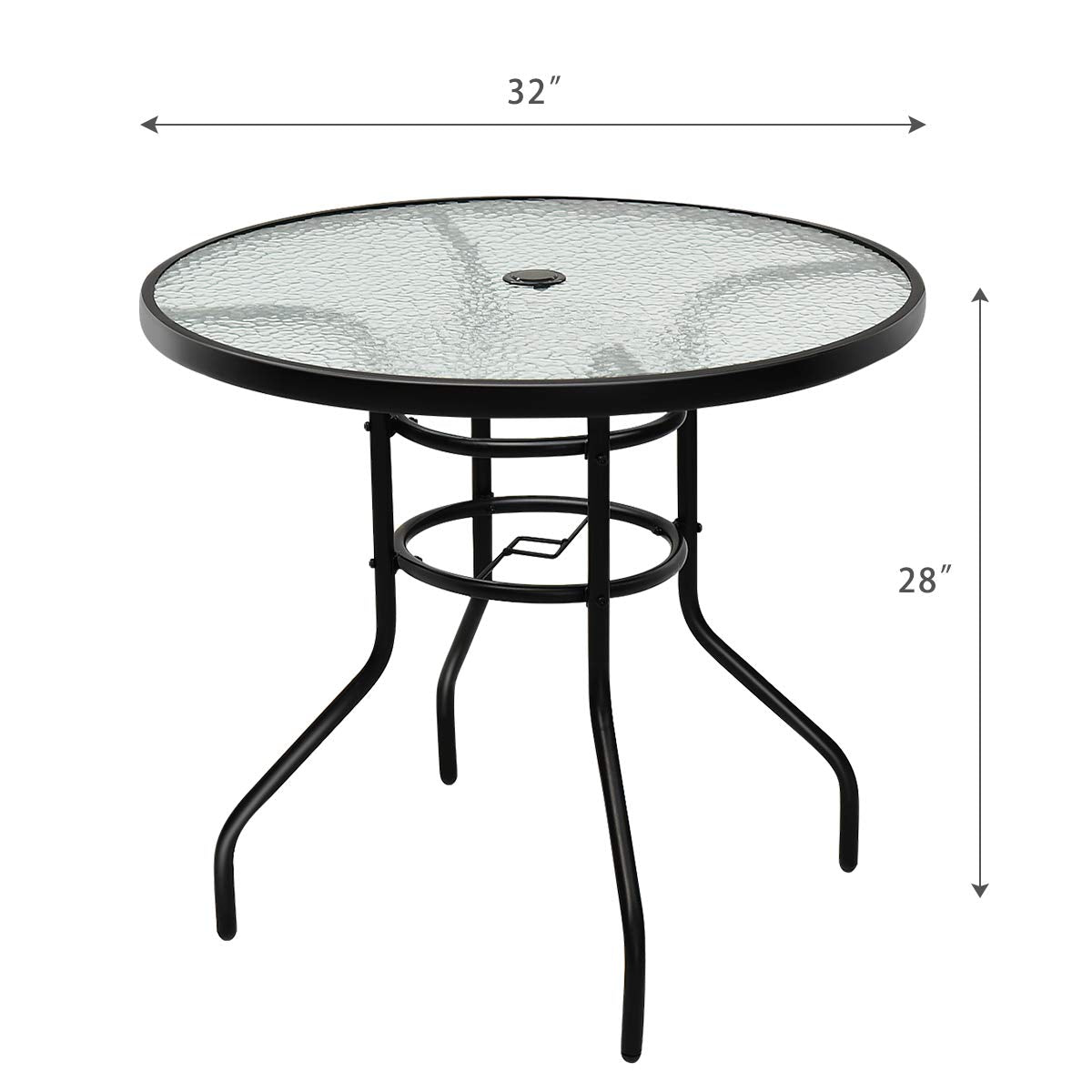 Tangkula 32" Round Outdoor Table with Tempered Glass Top, Patio Dining Table with Umbrella Hole & Metal Frame, Outside Bistro Table for Backyard, Lawn, Deck & Poolside