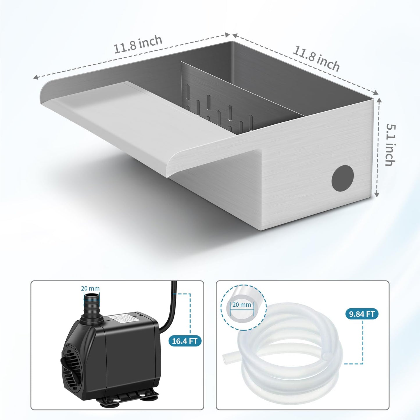Pond Waterfall Spillway Kit with Filter Media & 800 GPH Pump, 304 Stainless Steel Waterfall Box, 9.8FT Hose, Complete Pond Kit for Outdoor Ponds, Koi Ponds, Fountain (11.8"L x 12"W x 5.1"H)