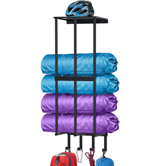 Camping Chair Wall Storage for Garage, Metal Camping Chair Storage Rack Wall Holder, Floating Shelf, 4 Hooks, Stainless Steel, Beach Chair Rack, Umbrella Holder, Garage Chair Organizer, Matte Black