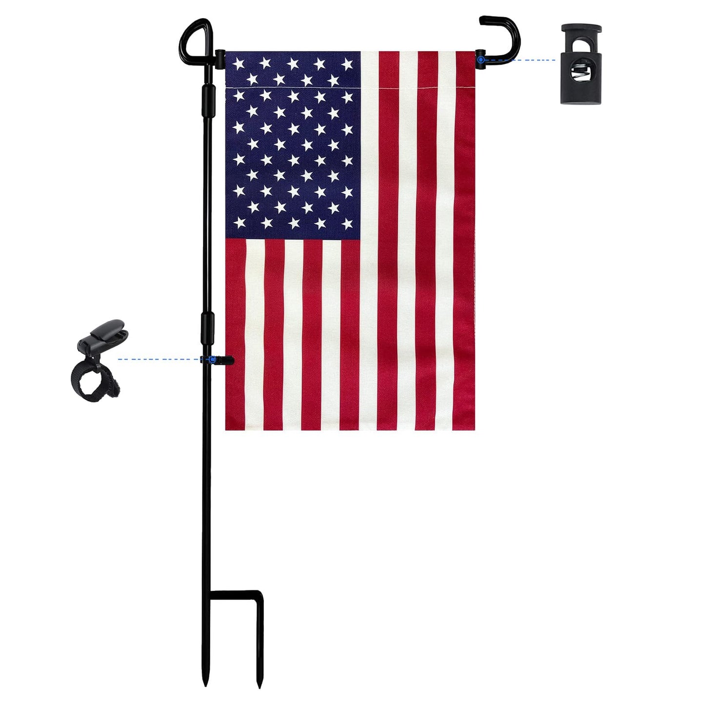 JRED Garden Flag Stand with American Garden Flags 12x18 Inch, Metal Yard Flag Holder Garden Flag Pole with Clips and Stopper, Small American Flags for 4th Of July Decorations