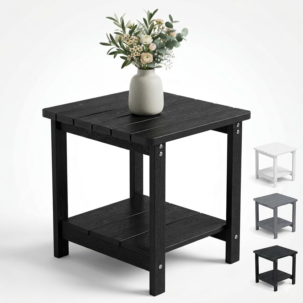 Square Outdoor Side Table Adirondack Side Table, Water-resistant & 2-Tier Small End Table for Patio, Beach Chair & Poolside, Bedside Table for Living Room & Bedroom, Easy Assembly, Black