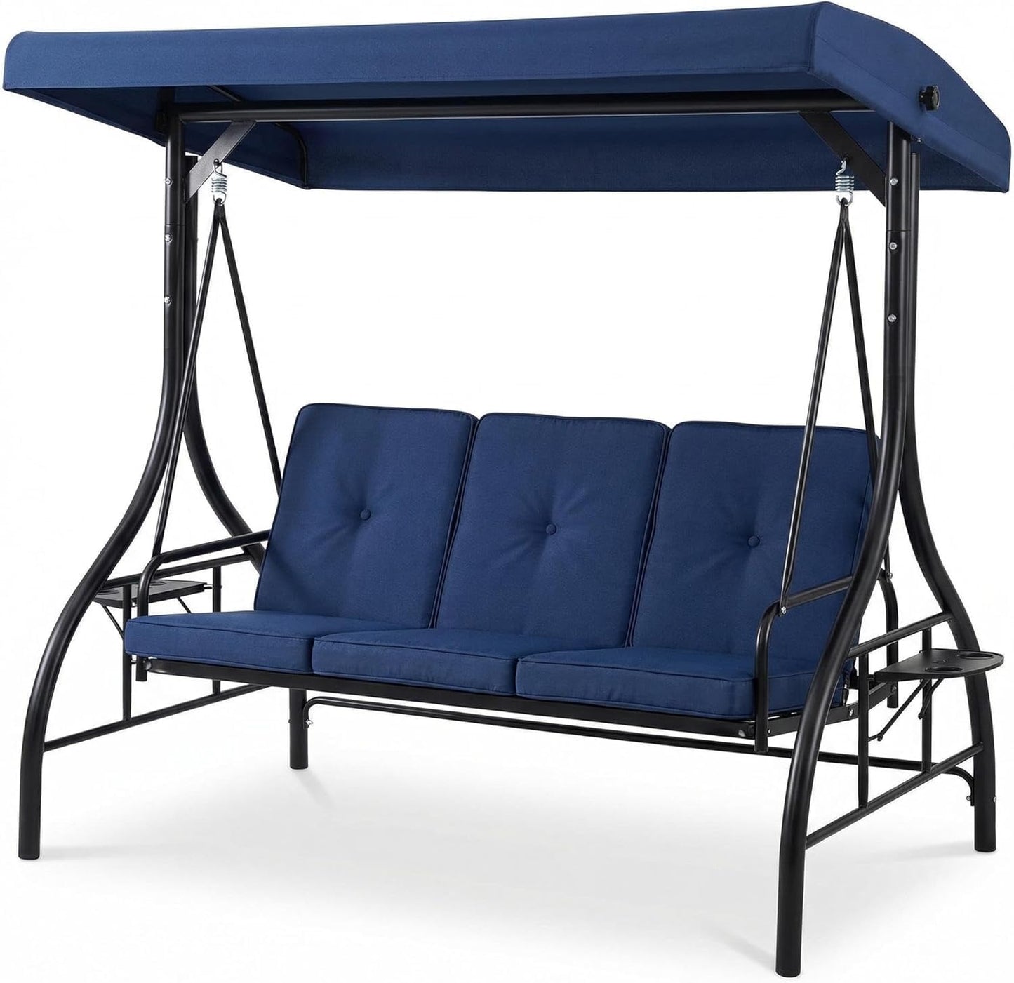 3-Seat Outdoor Swing Chair with Adjustable Canopy - Convertible Swing Bed - Thick Cushions, Built-in Cup Holders - Sturdy Weather-Resistant Steel Frame - Patio, Garden, Backyard, Navy Blue