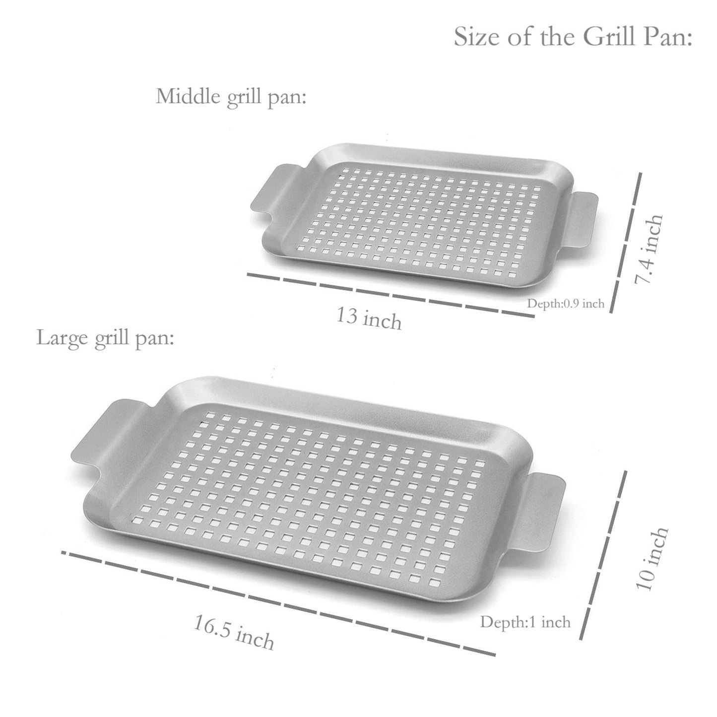 Grill Topper Non-Stick Stainless Steel BBQ Tray with Holes Outdoor Grilling Pans for Meat Vegetables Set of 2 (16.5" x10" and 13"x7.4")