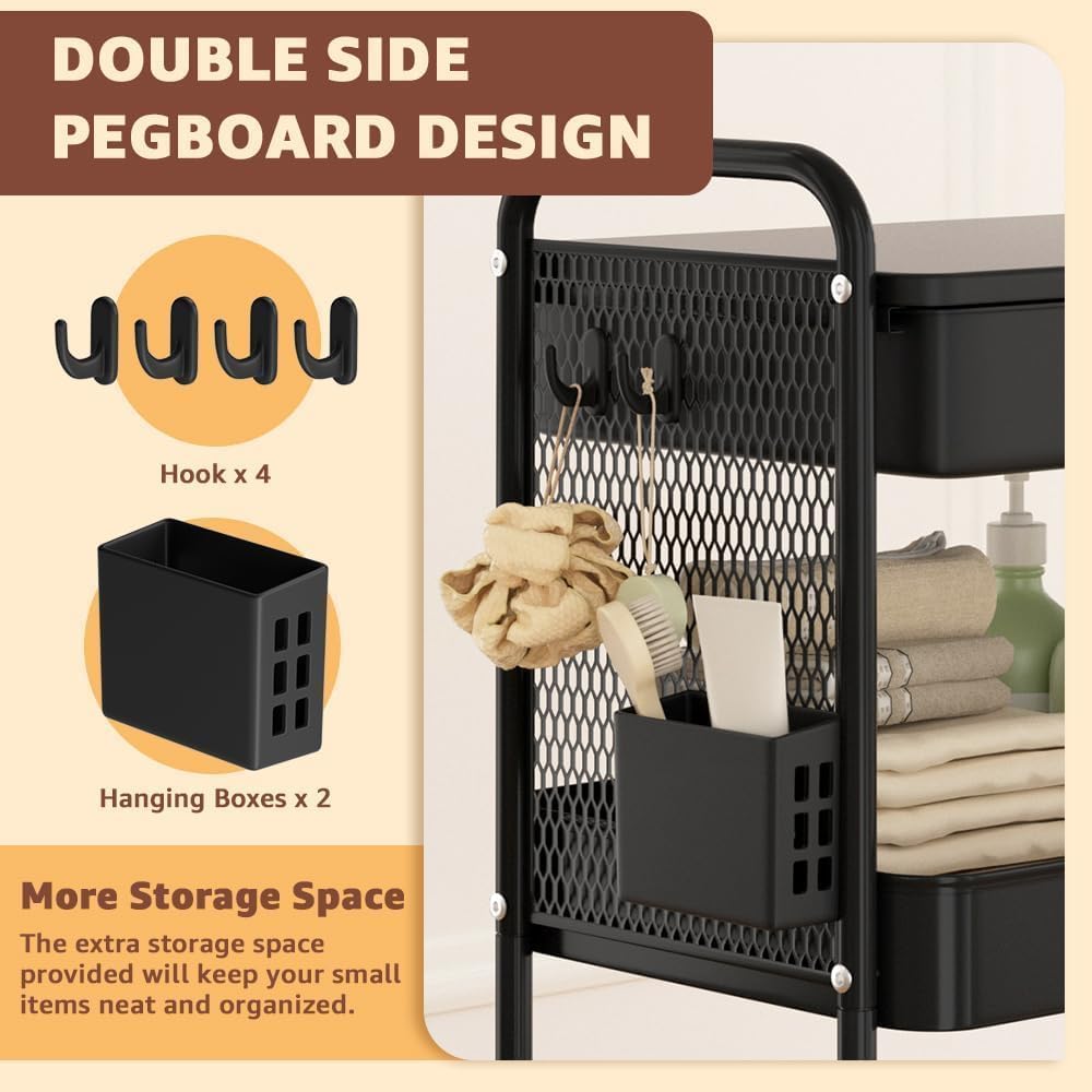HIDODO 3 Tier Rolling Cart with Drawer, Metal Rolling Utility Cart on Wheels with Pegboard, Art Cart Storage Organizer with Tabletop for Living Room, Office, Bedroom (Black)