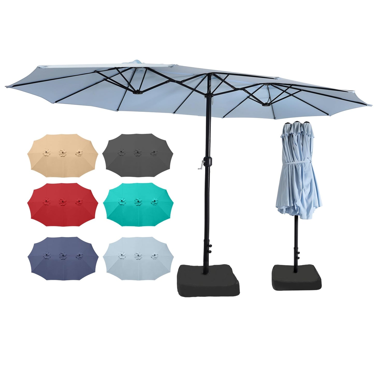 Bigroof 15ft Patio Umbrella with Base, Large Outdoor Double-Sided Market Umbrella with Terylene Polyester Fabric and Crank for Poolside Garden Deck Backyard Beach Pools, Light Blue