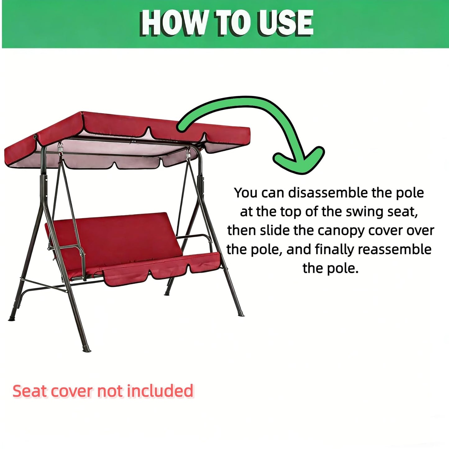 Swing Canopy Replacement Cover, Waterproof Sun Shade Porch Swing Canopy Replacement Top for 2-3 Seater Outdoor Garden Yard Patio Swing Cover (Dark Green, 65×45×5.9 Inch)