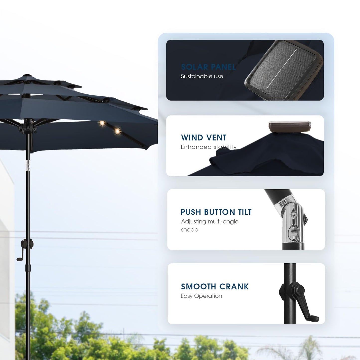 wikiwiki 9FT 3Tiers Solar Led Patio Umbrella, Sturdy Outdoor Market Umbrella for Deck, Pool, Garden w/Tilt, Crank, 32 LED Lights, Navy Blue