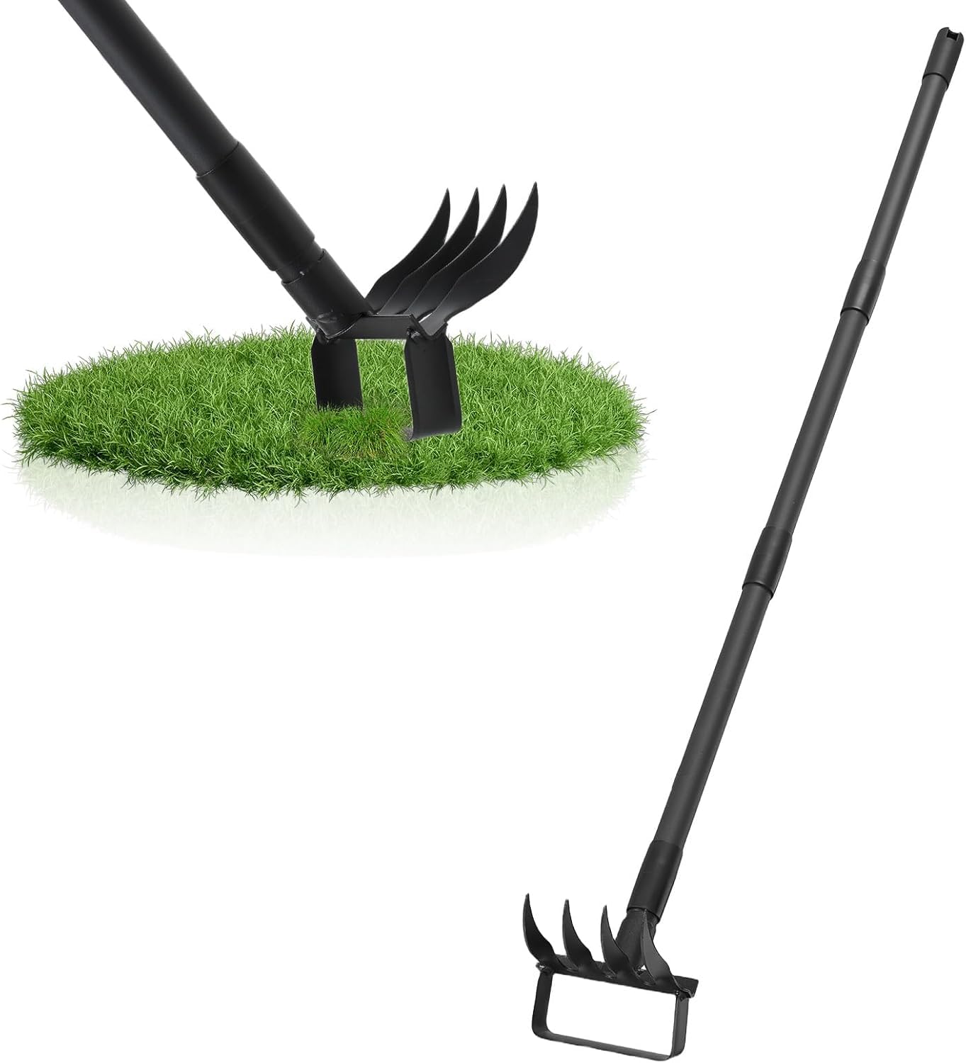Weed Puller with 62.6” Adjustable Long Handle, Heavy Duty Stirrup Hoe, 4 Tines 2 in 1 Garden Cultivator for Weeding and Soil Loosening, Black