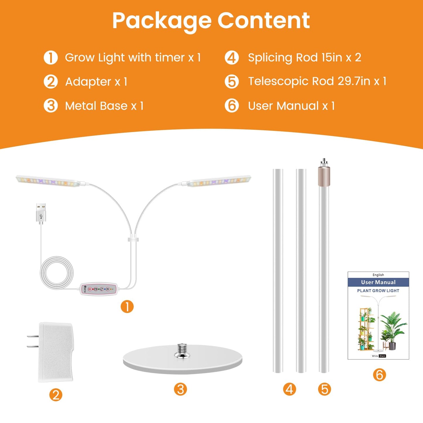 Kullsinss Grow Lights for Indoor Plants with Stand, 2-Heads Full Specturm Plant Grow Light with 4/8/12/16H Timer, 3 Color Modes, 360° Flexible Gooseneck, 24-68.7in Hight Adjustable Plant Growing Lamp