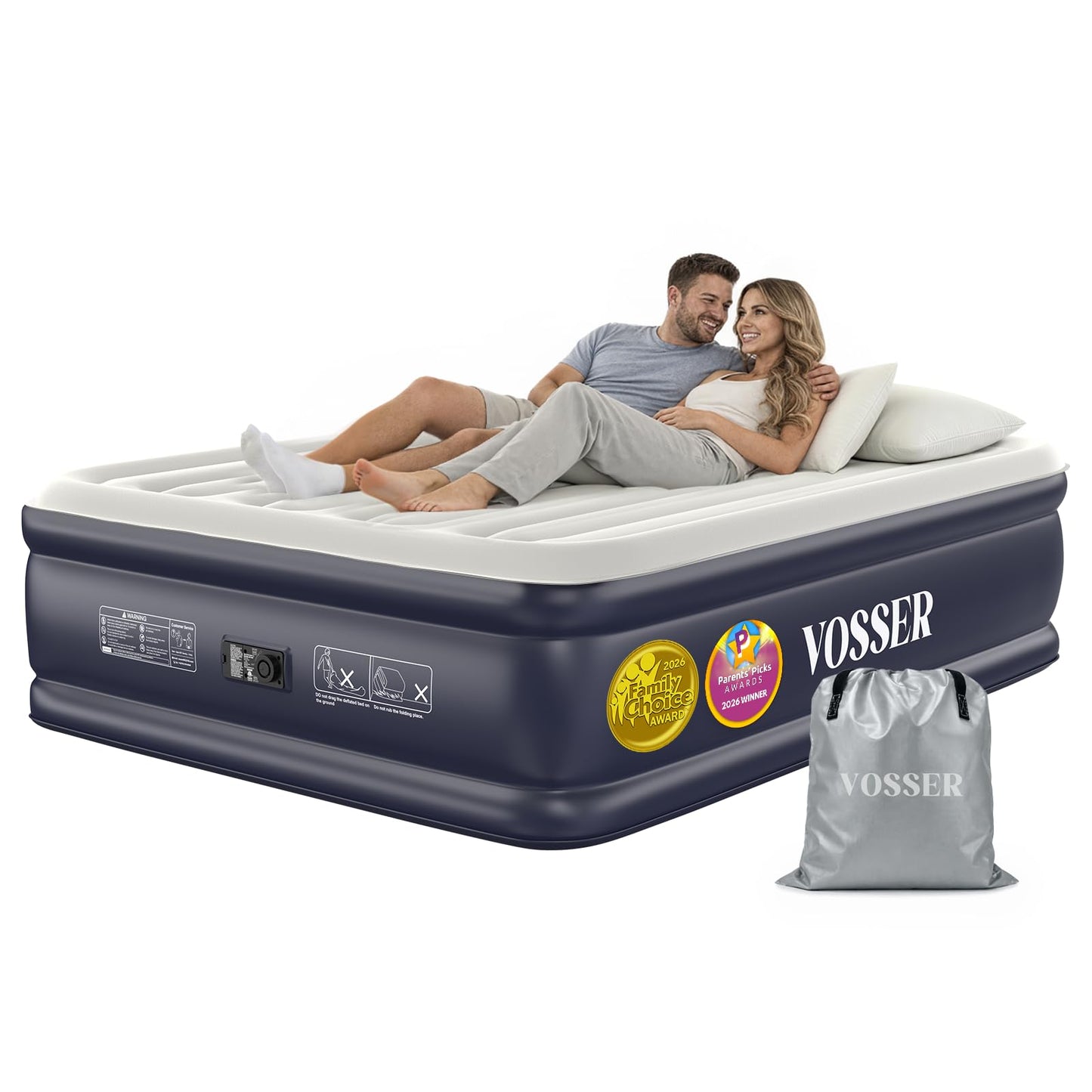 VOSSER Air Mattress Queen with Built-in Pump, 18" Raised Inflatable Blow Up Mattress,Upgraded Heavy Duty Portable Air Bed for Home,Guests,Floor & Camping, Self Inflating Colchon Inflable,Gift for Mom