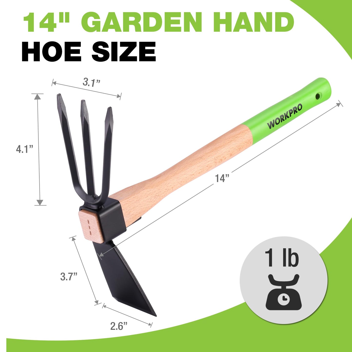 WORKPRO Hoe and Cultivator Garden Rake with 14" Wooden Handle, Sharp Hoe Blade & Sturdy 3 Claw Tiller, 2-in-1 Heavy Duty Gardening Hand Tools for Digging, Loosening Soil, Weeding, Cultivating