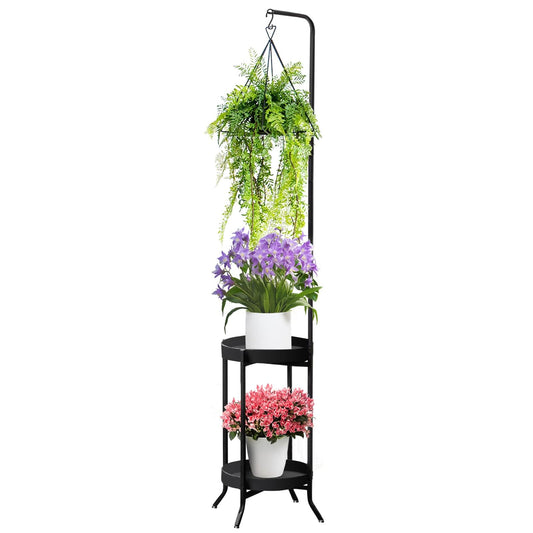 RINBOU Hanging Plant Stand Indoor Outdoor, Space-Saving Corner Metal Plant Shelf 3 Potted Flower Pot Stand, 2 Tier 61" Tall Modern Planter Holder for Patio Garden Balcony Living Room Bedroom, Black