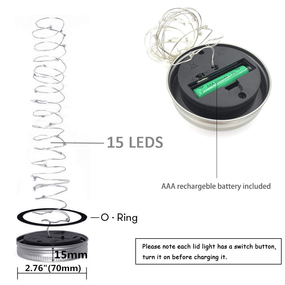 SunKite Solar Mason Jar Lid String Lights, 6 Pack 15 Led String Fairy Star Firefly Jar Lids Lights (Jars Not Included), for Mason Jar Patio Garden Wedding Lantern Table Decoration (Cool White)